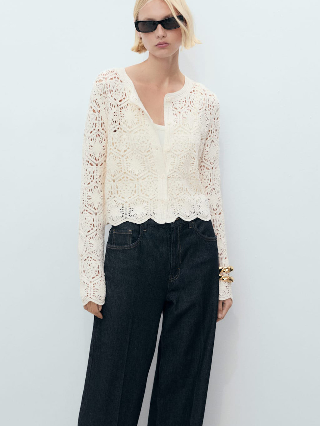 MANGO Women Round Neck Open Knit Crochet Cardigan