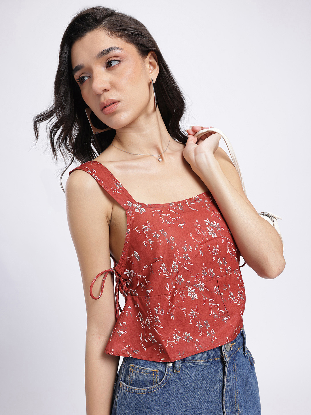 glitchez Floral Printed Tie-Up Crop Top