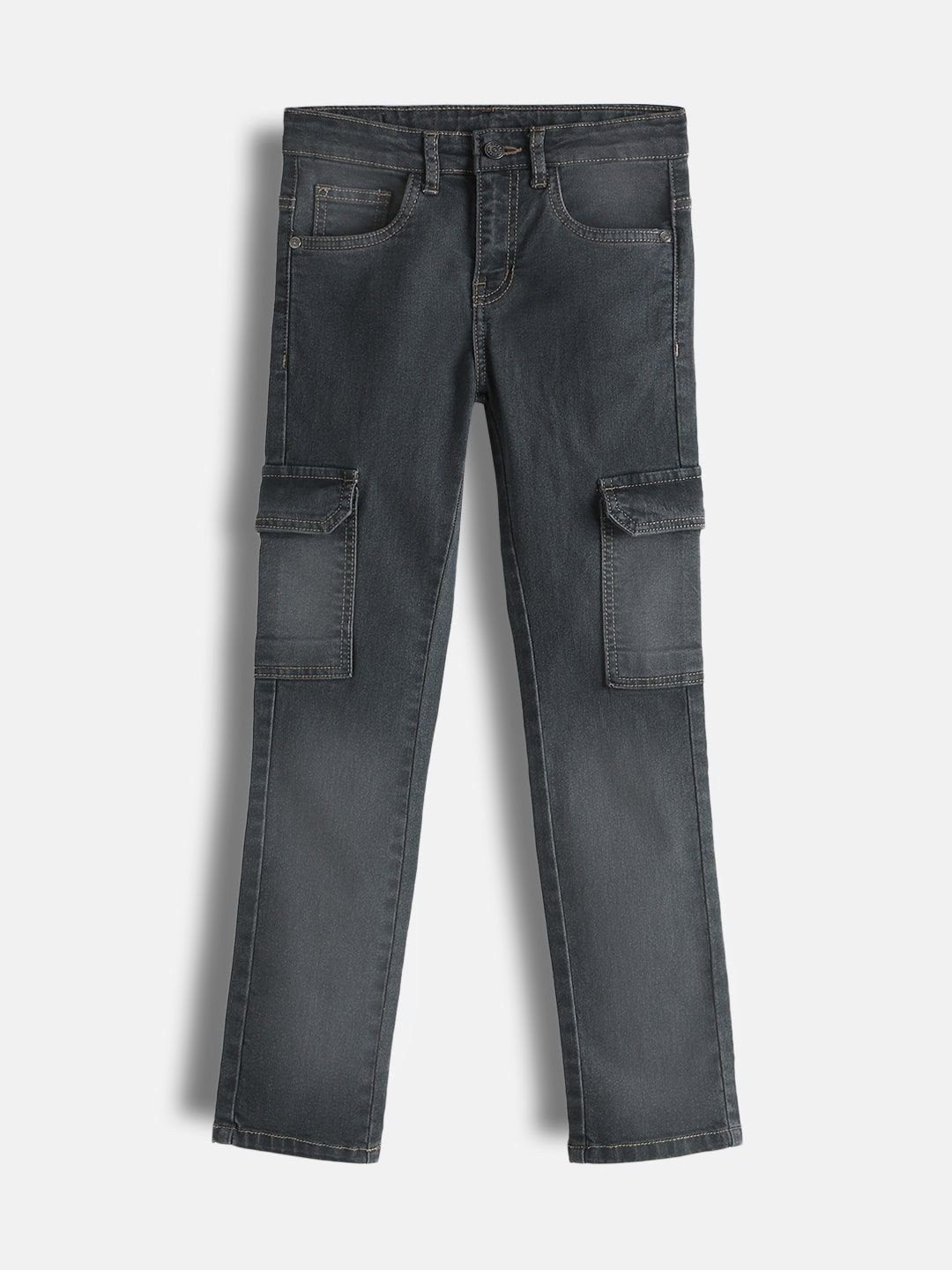 Urbano Juniors Boys Slim Fit Stretchable Washed Denim Cargo Jeans with Pockets