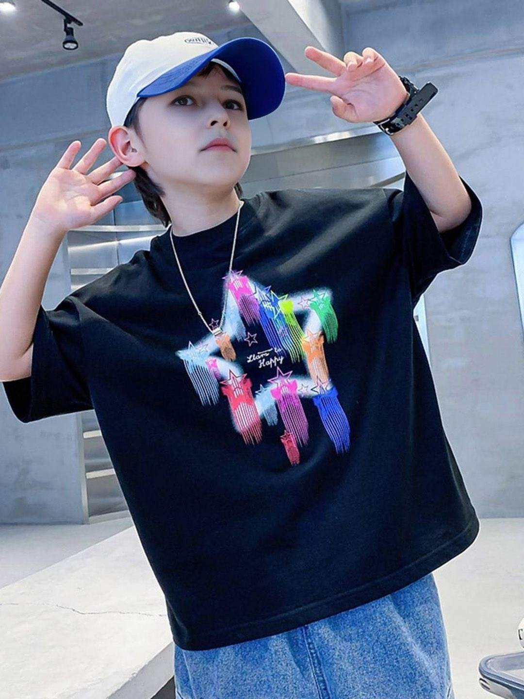 INCLUD Boys Star Graphic Printed Drop Shoulder Sleeves Round Neck T-shirt