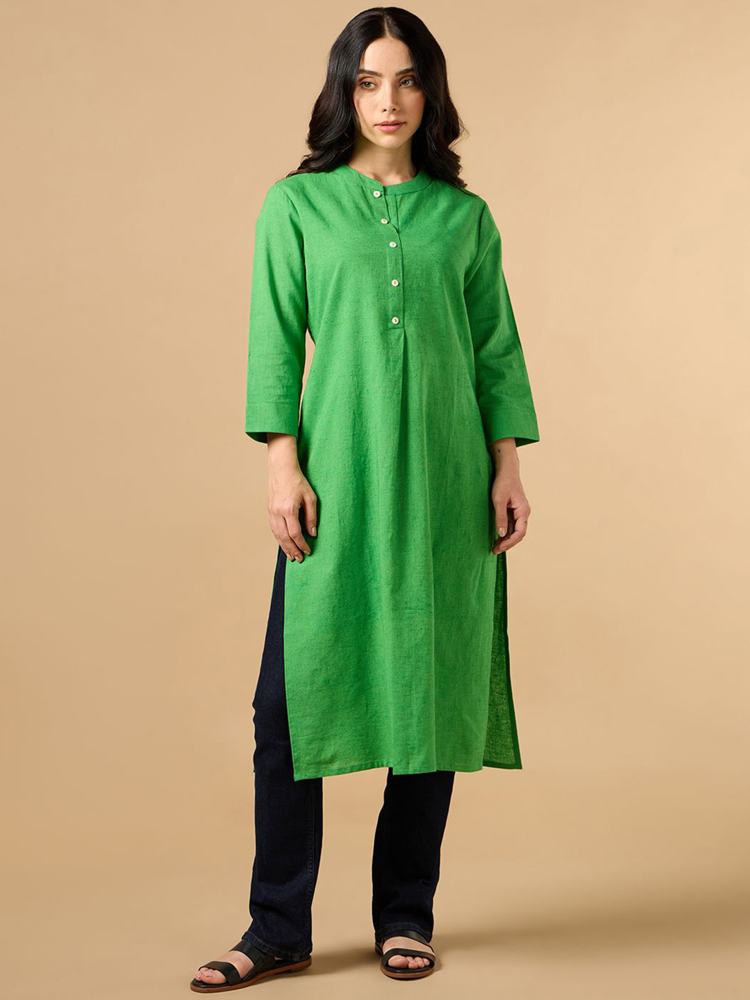 COTTONS DAILY Women Solid Mandarin Collar Pathani Kurta
