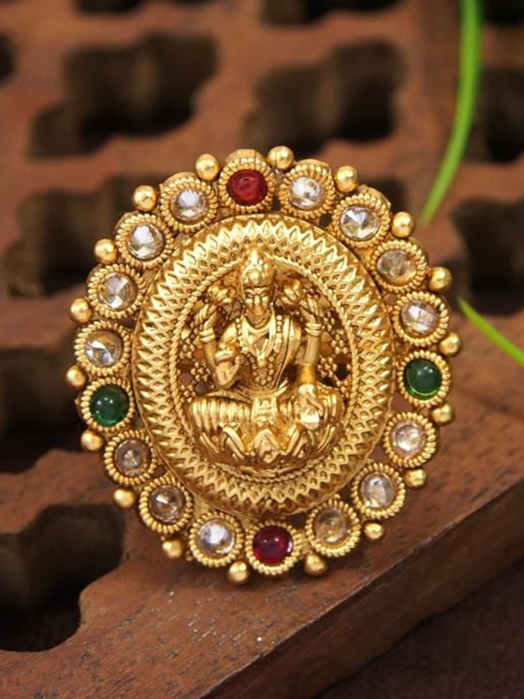 SGA FASHION Rajwadi Gold Matte Plated Antique Temple laxmi Finger Ring