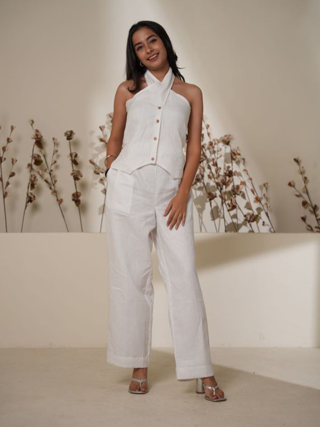 Pratha-house of linen Solid Linen Shirt Style Top