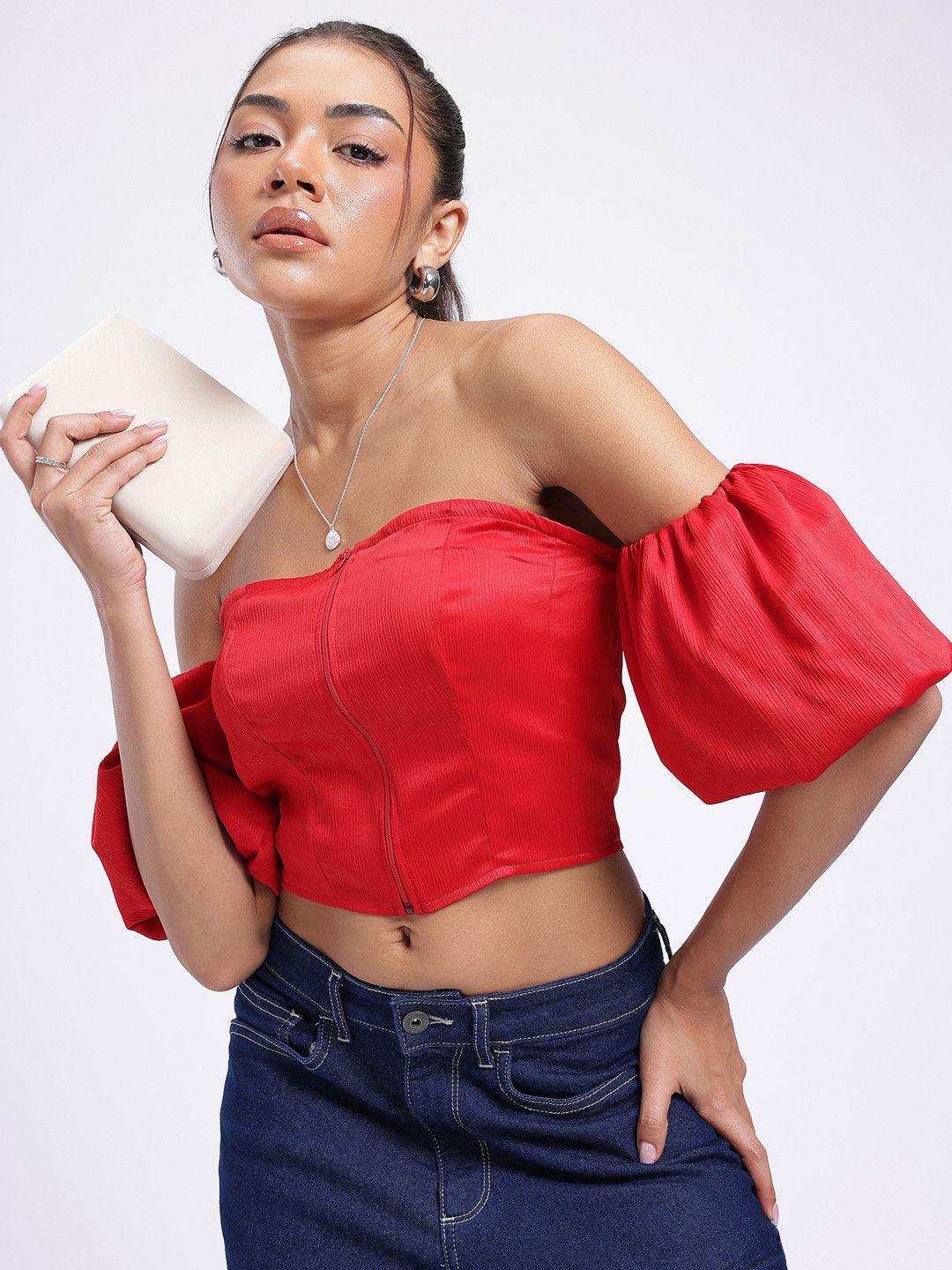glitchez Crinkled Satin Finish Crop Bardot Top