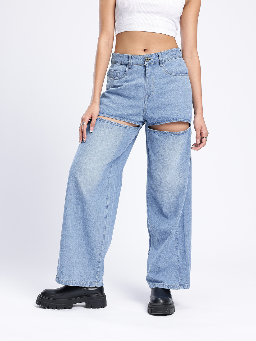 glitchez Women Cut Out Detailing Baggy Light Fade Jeans