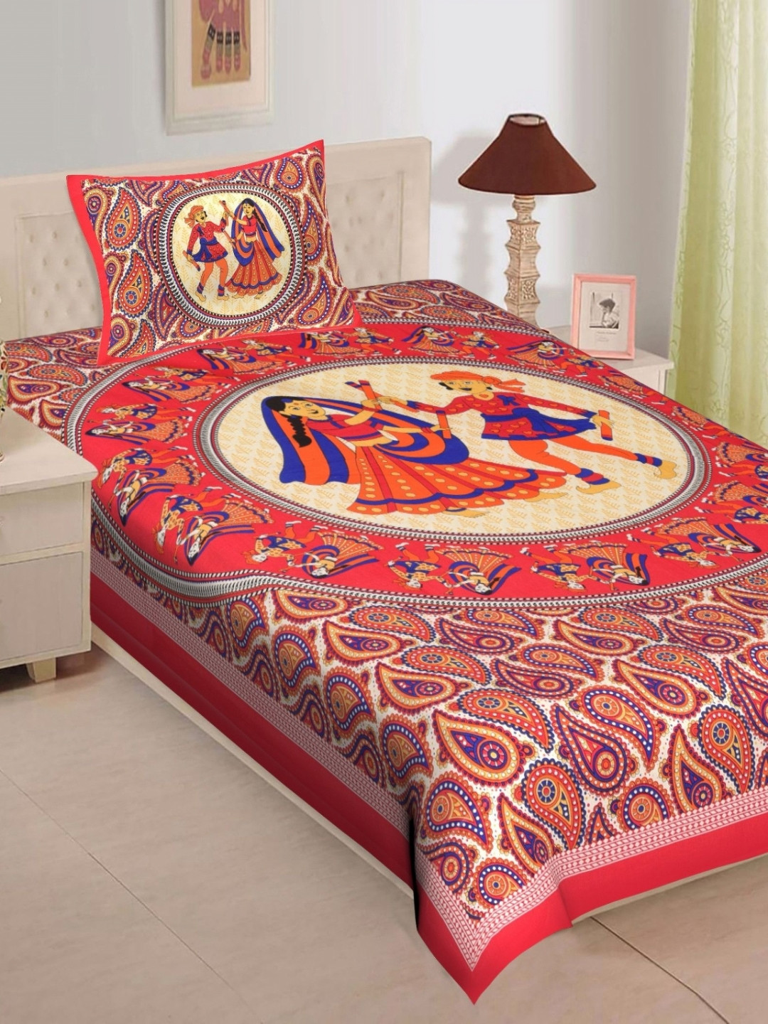 POORAK Loroco Red Ethnic Motifs Cotton Breathable 104 TC Single Coarse Bedsheet with a Pillow Cover-160.1 x 90 inches