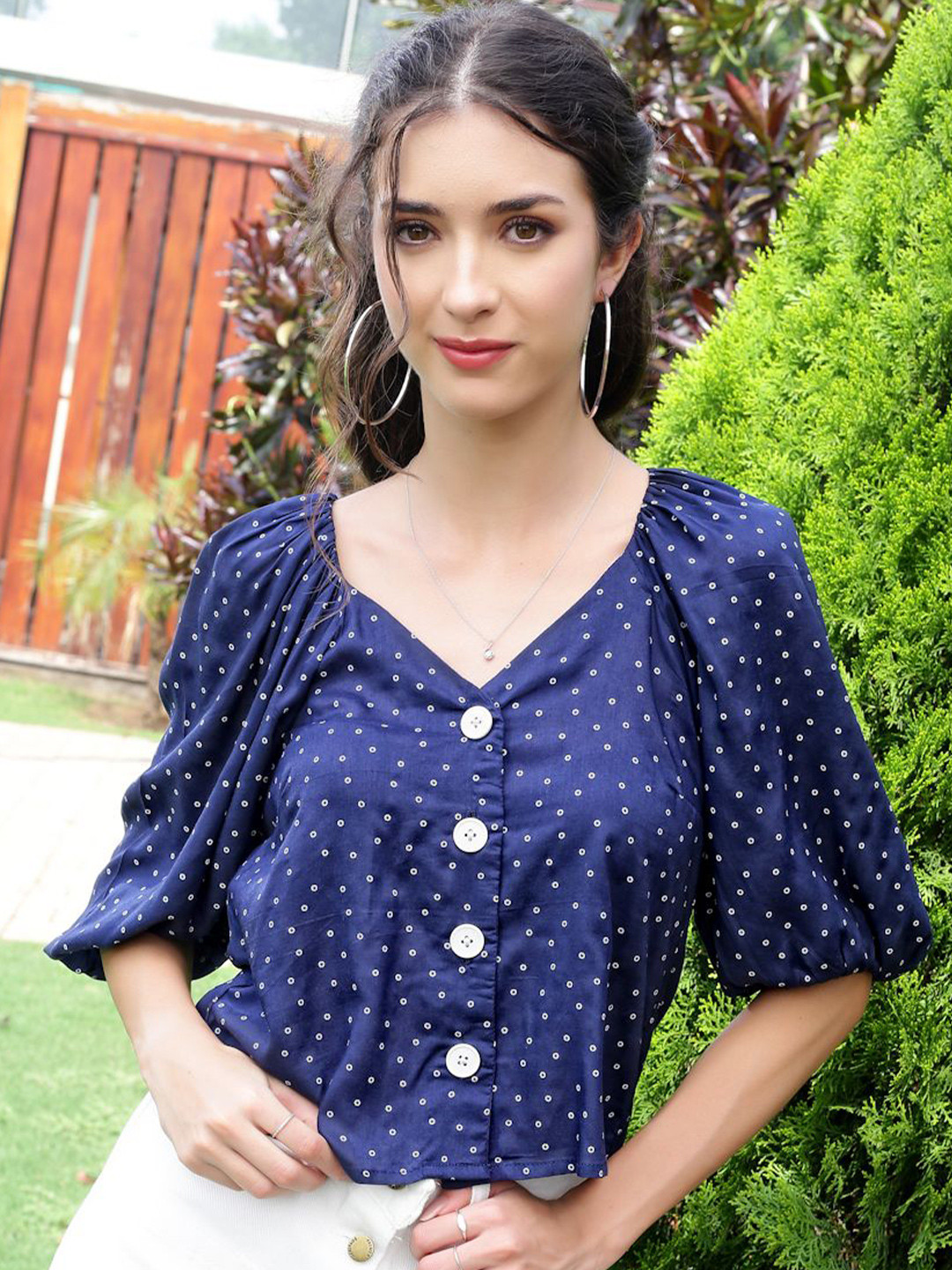 Sera Polka Baloon Sleeve Button-Up Crop Top