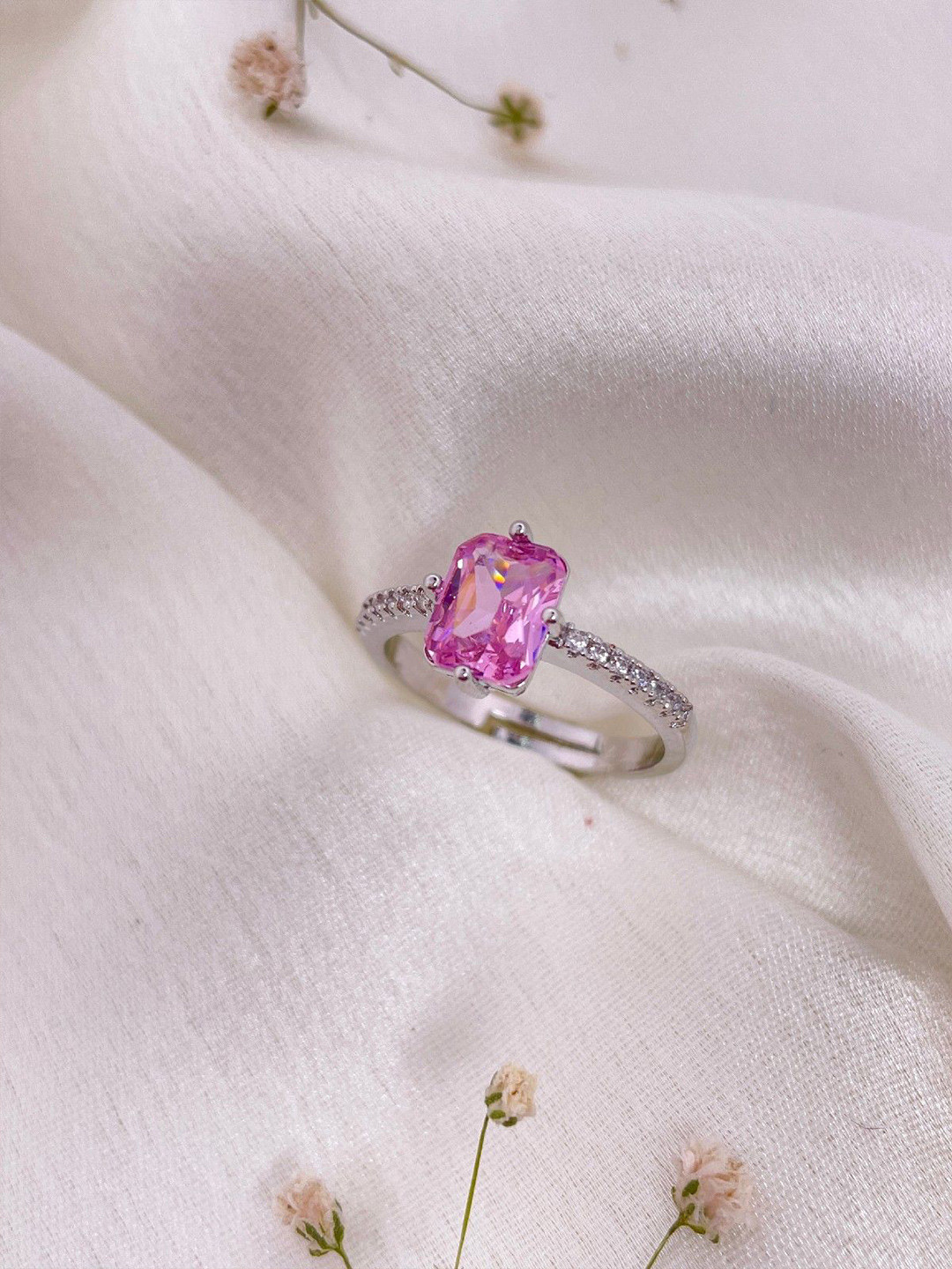 ISHKAARA Rhodium-Plated Pink Rectangle Crystal Finger Ring