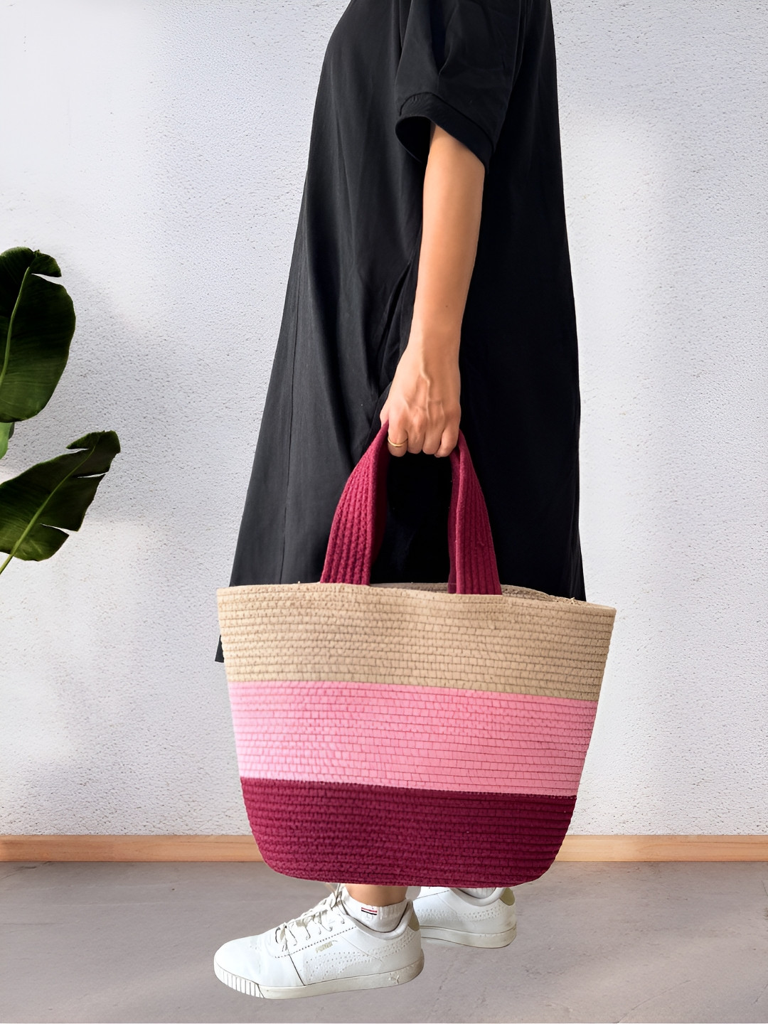 JASMEY HOMES Unisex Colourblocked Cotton Rope Tote Bag