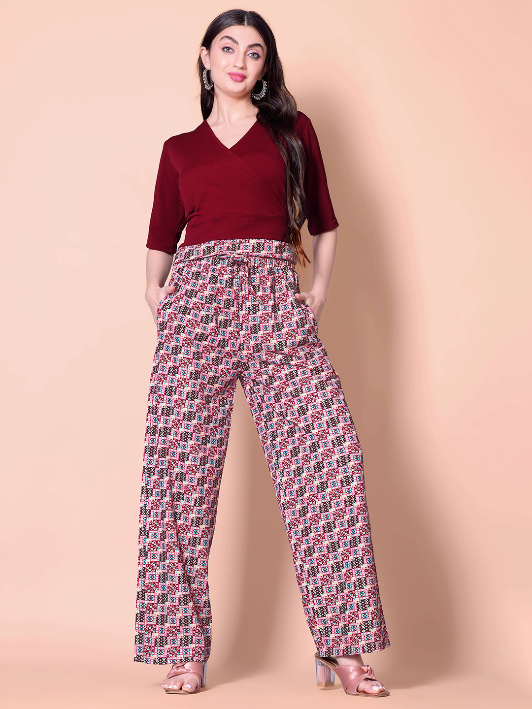 TYKUN Printed V Neck Top With Trousers Co-Ords Set