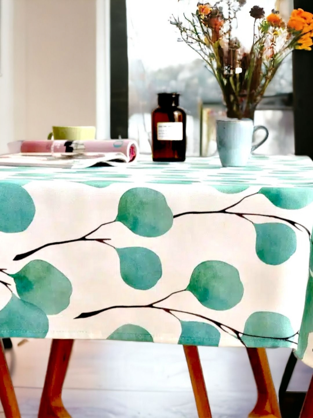 LUSHLYF Eucalyptus Serenity White & Green Floral Printed Cotton 6-Seater Table Cover
