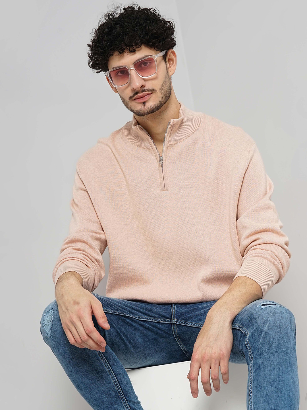 Celio Men Half Zipper Mock Collar Long Sleeves Cardigan