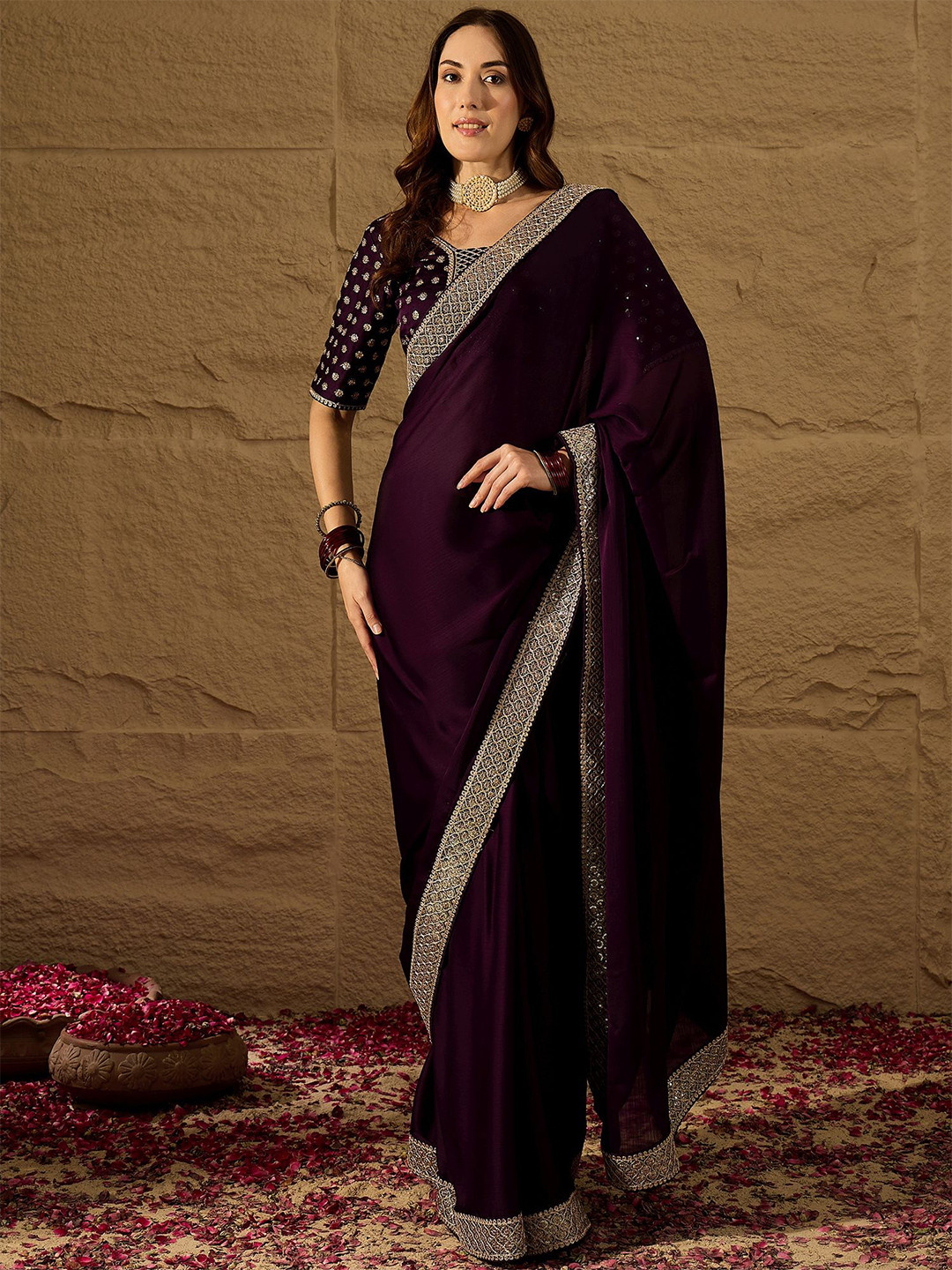 House of Pataudi Lace Embellished Fancy Border Saree With Unstitched Blouse