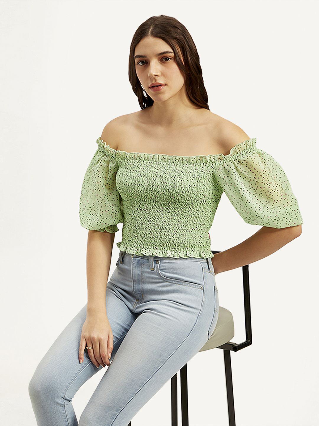 Levis Women Floral Print Off-Shoulder three-quarter Top