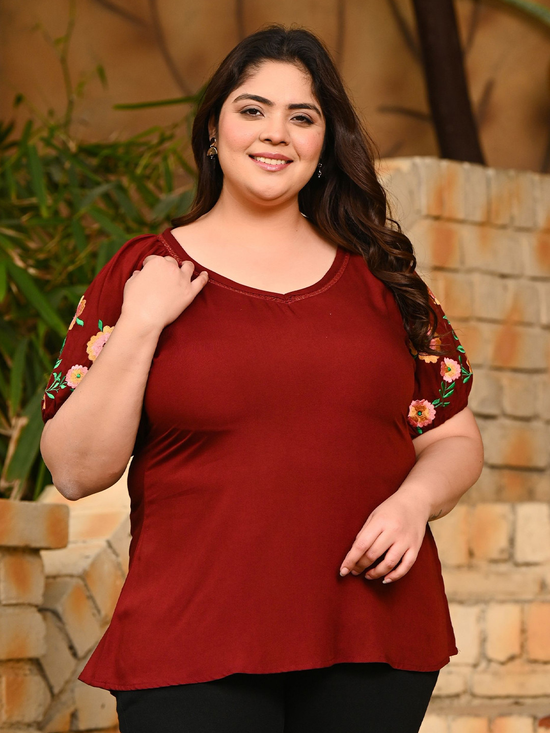 PrettyPlus by Desinoor.com Women Plus Size Rust Embroidered Rayon Top