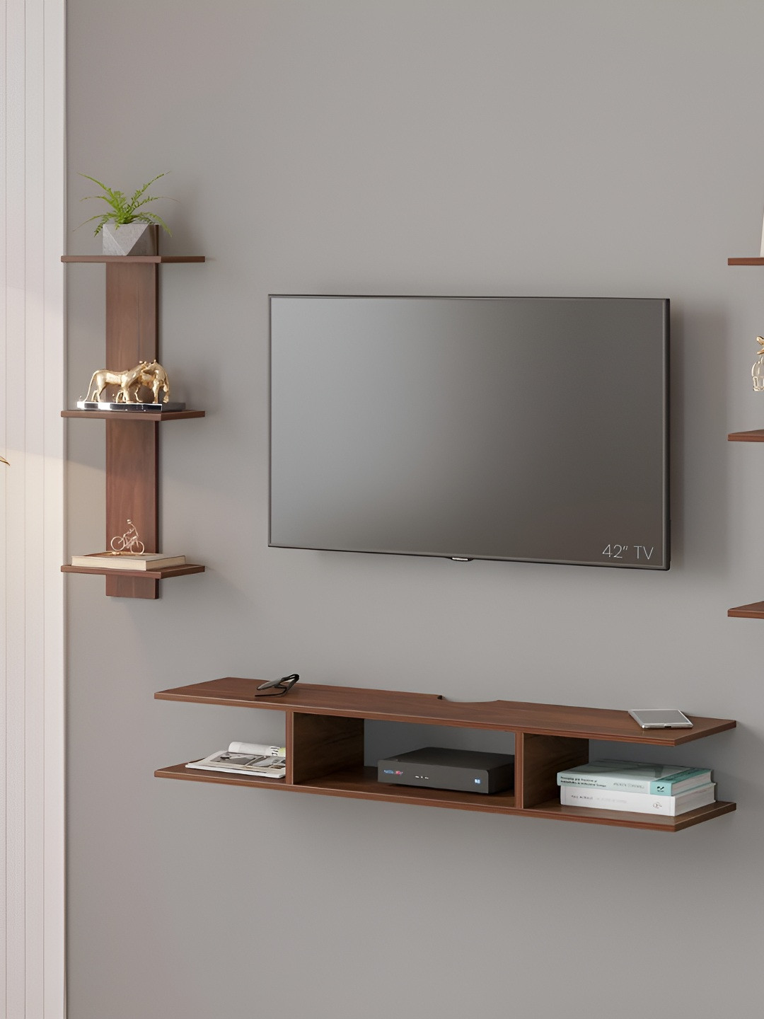 bluewud Brown Estoye Mini Wall Mount TV Entertainment Unit For Books & Dcor