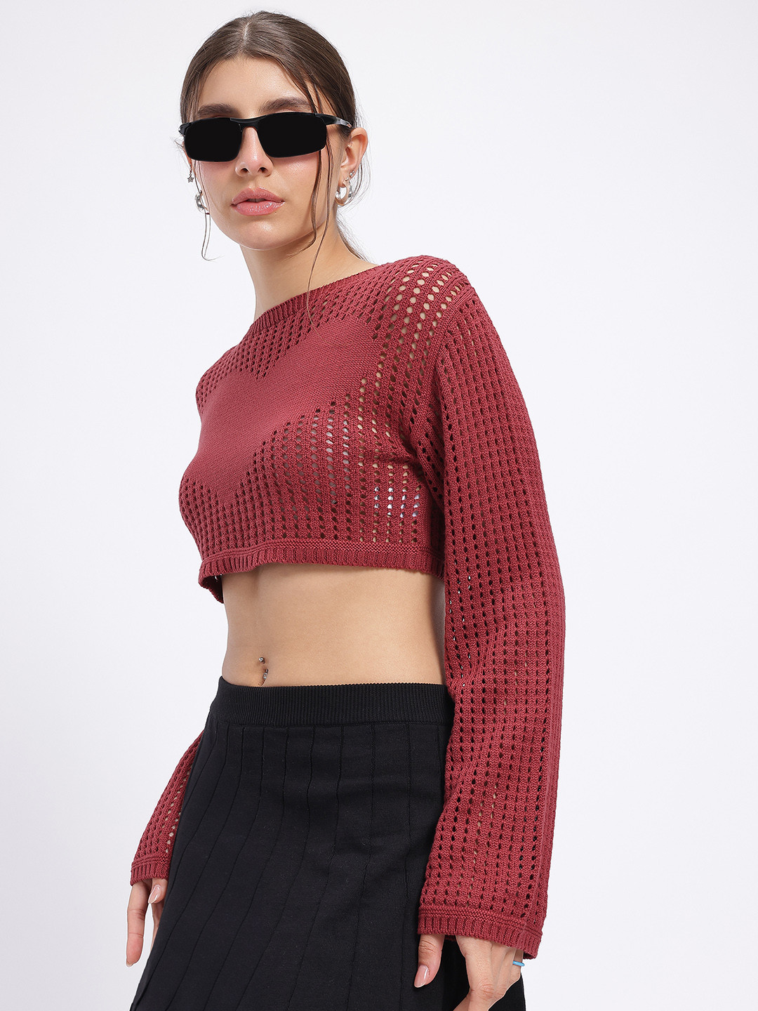glitchez Solid Crochet Pure Cotton Crop Top with Heart Detail
