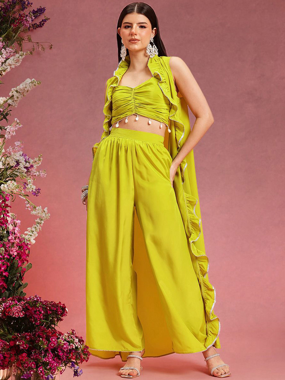 indo street Shoulder Straps Sleeveless Crop Top & Trousers With Shrug Co-Ords