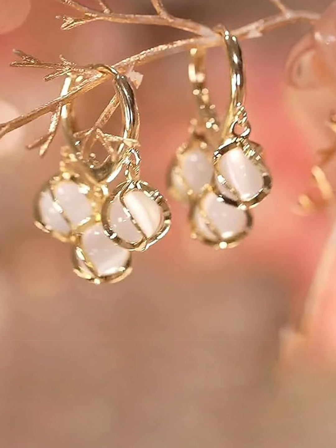 VR Creatives Stainless Steel Gold-Plated Artificial Beaded 3 Cat Eyeball Hoop Earrings