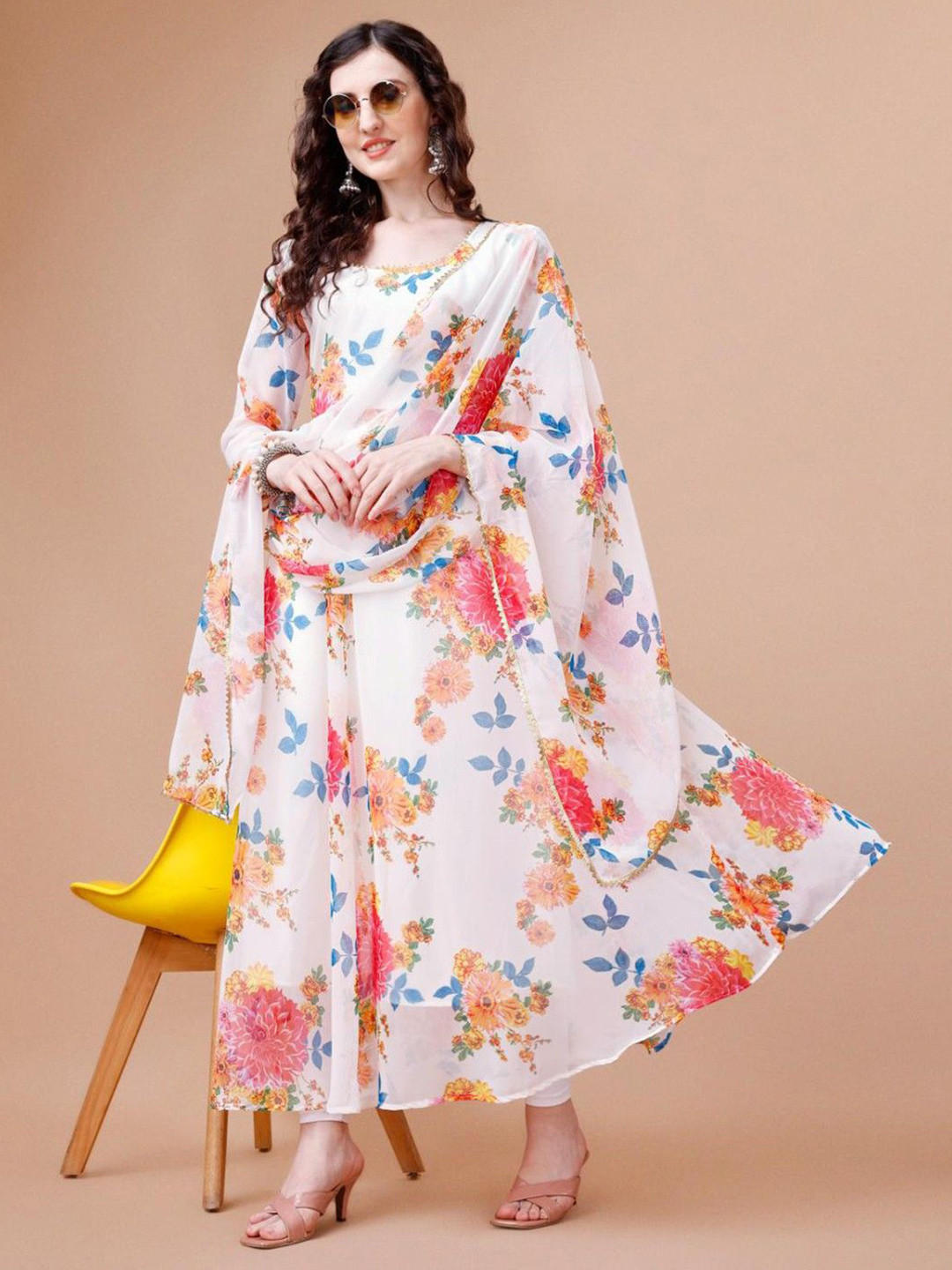 Raiyani Fashion Women Floral Printed Anarkali Kurta With Leggigns & Dupatta