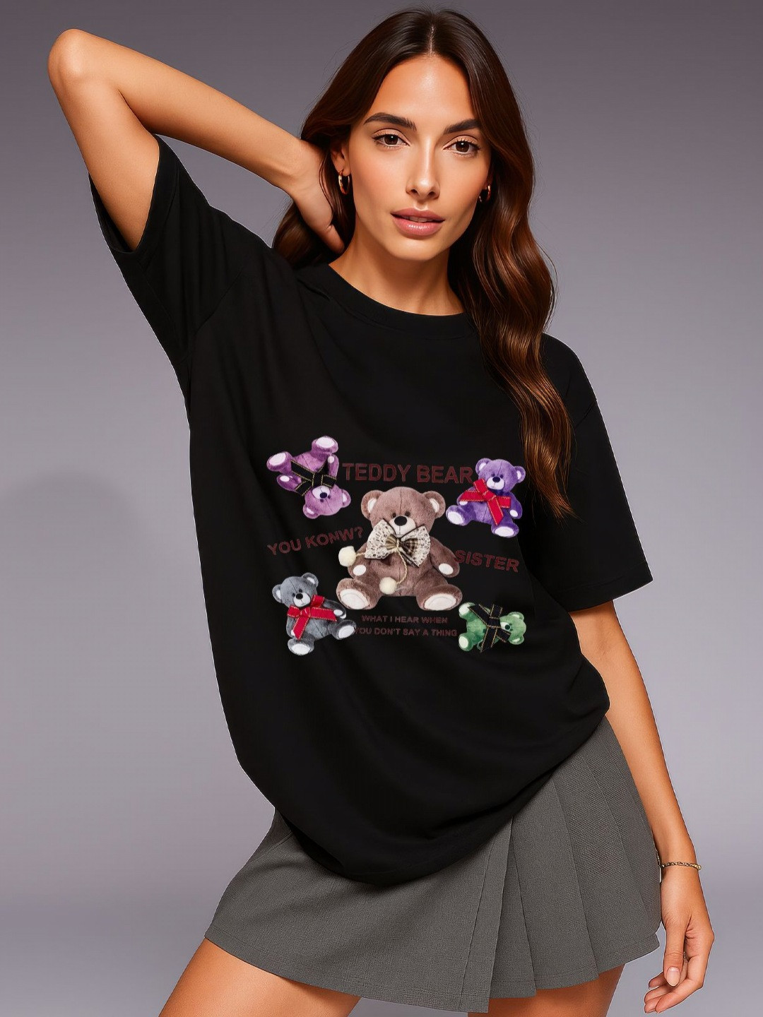 GRACE & JACK Women Black Teddy Bear Sister 3D Bow T-shirt