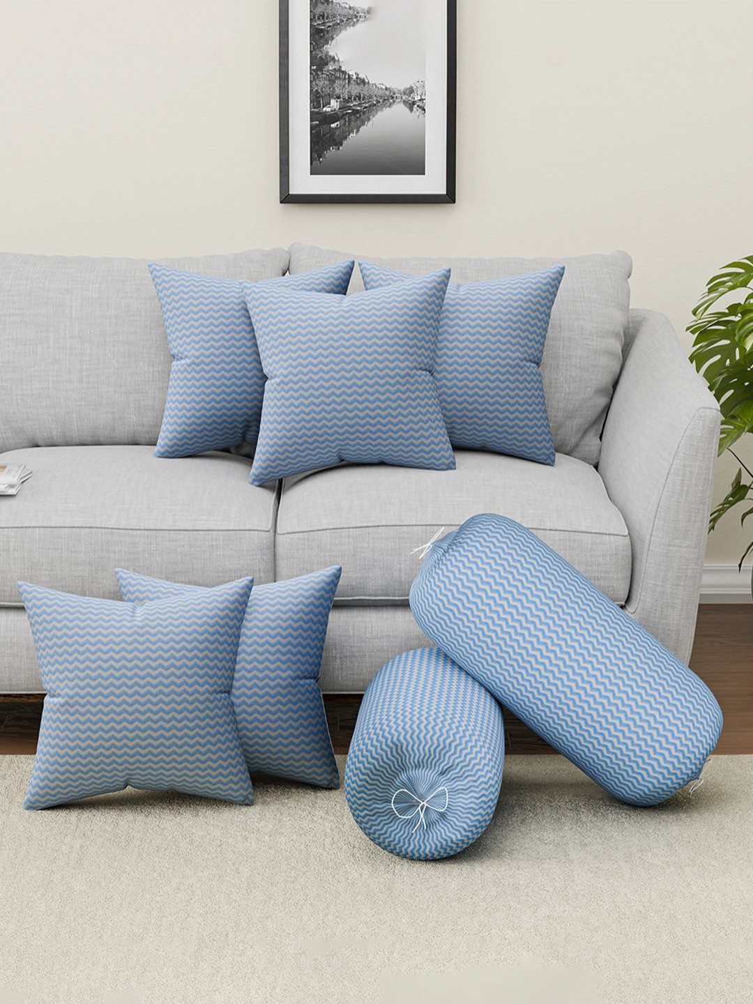 Aura Zig Zag Blue Abstract Microfiber Lightweight 7 Piece Square Cushion Covers -16x16In