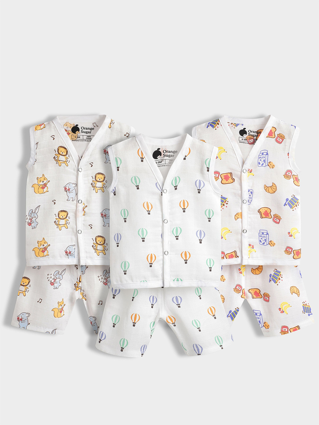 Orange Sugar Pack Of 3 Kids Printed Pure Cotton Jhabla With Shorts