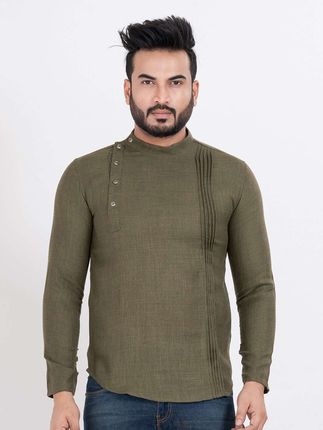 Sultan The King Of Kurta Band Collar Pleated Cotton Short Kurta