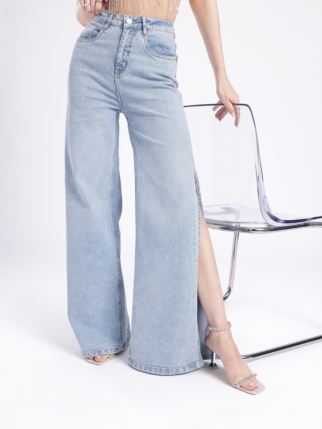 glitchez Women Wide Leg High Slit Jeans