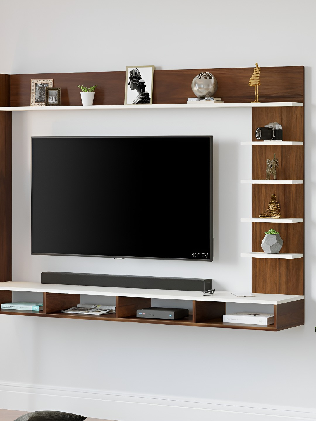 bluewud Primax Brown & White Wooden Wall Mount TV Entertainment Unit