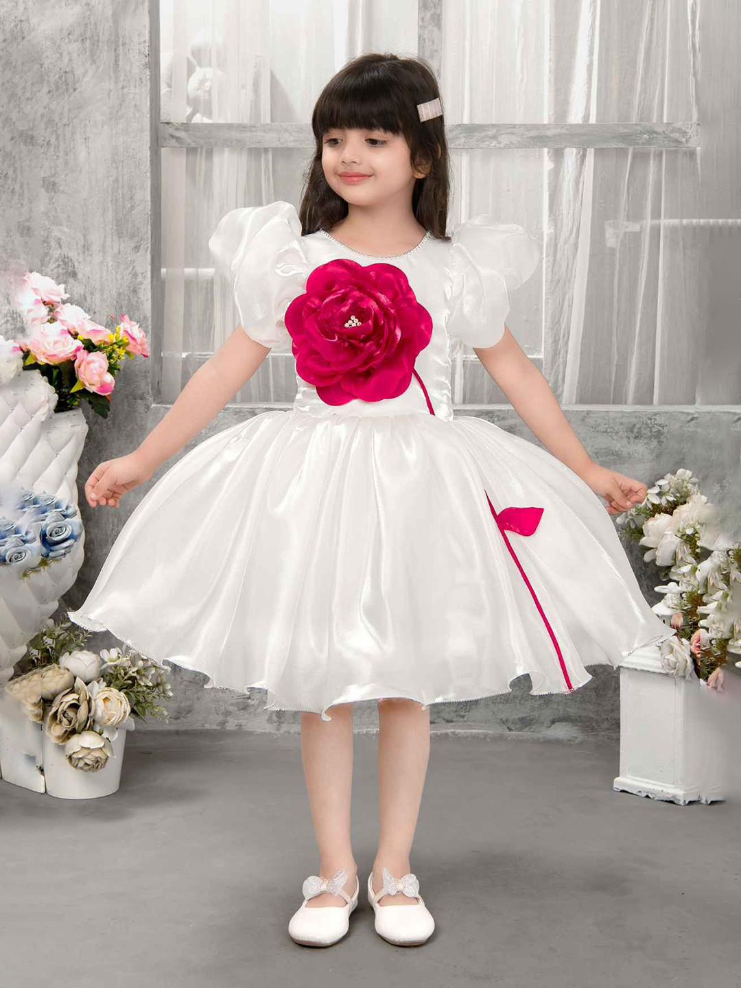 Lagorii Girl Lagorii Puff Sleeve And 3D Red Flower Dress
