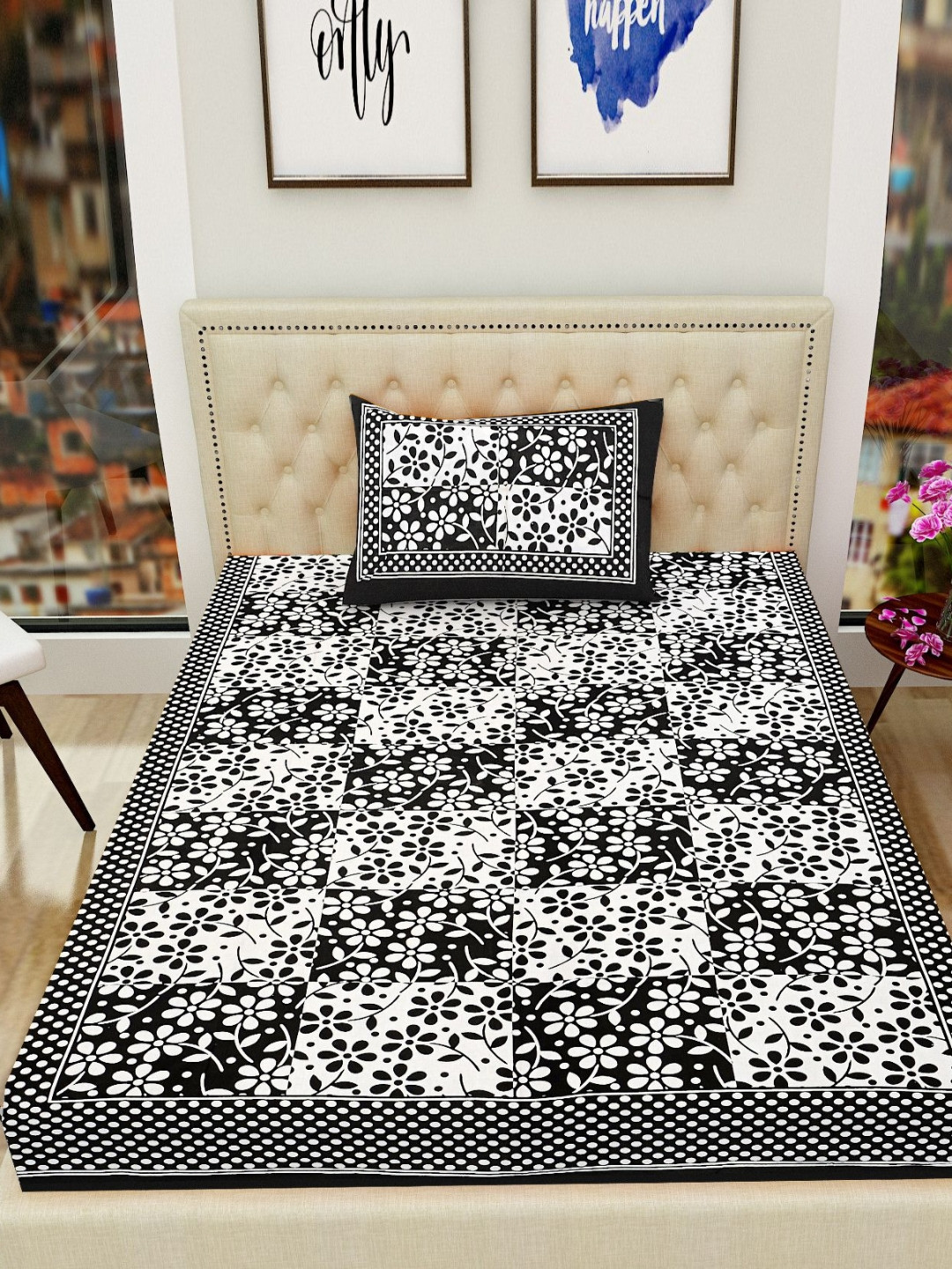 POORAK Loroco Jaipuri Grey Floral Cotton Breathable 104 TC Single Coarse Bedsheet with a Pillow Cover-63 x 90 inches