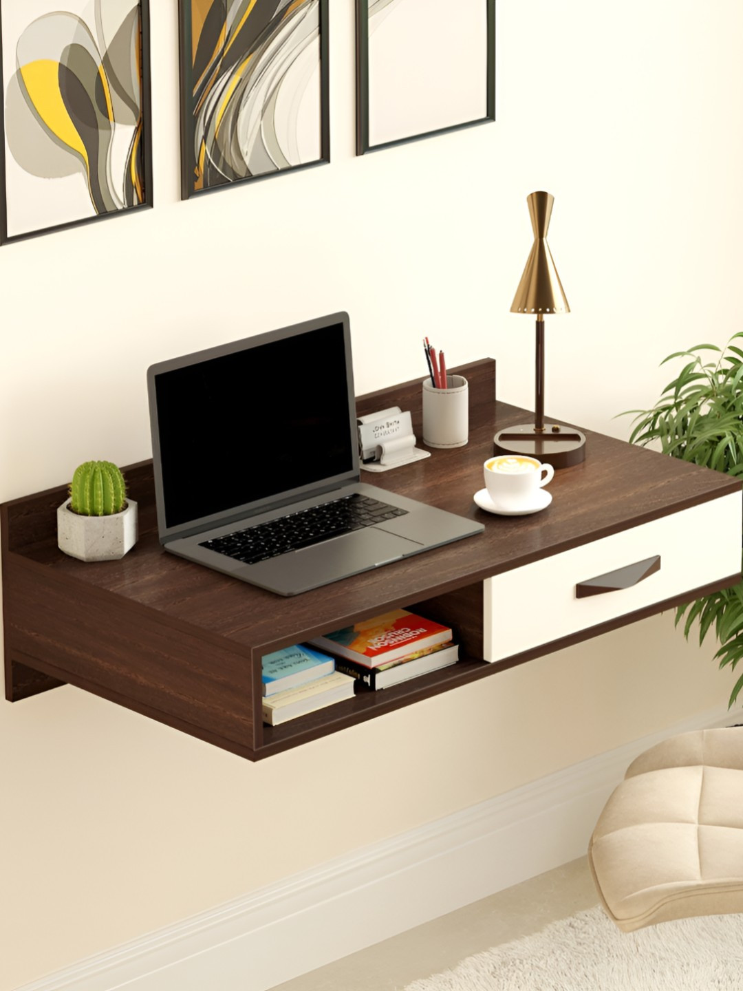 bluewud Brown & White Reynold Wall Mount Study & Computer Table With Drawer