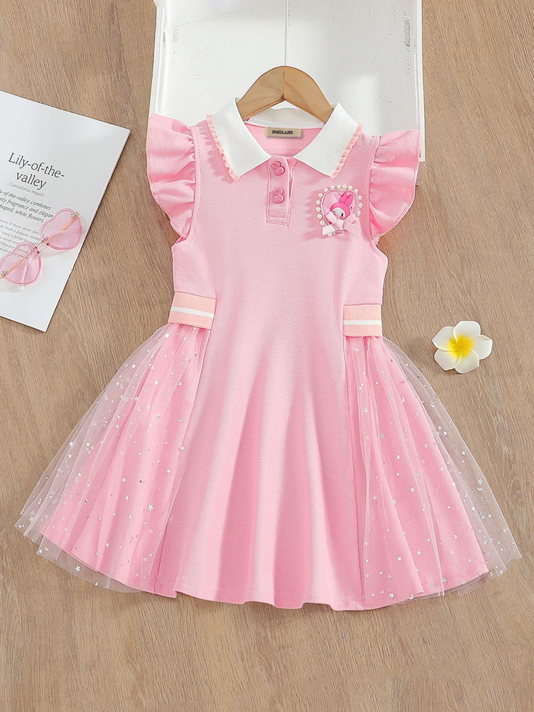 INCLUD Girls Star Print Flutter Sleeve Fit & Flare Dress