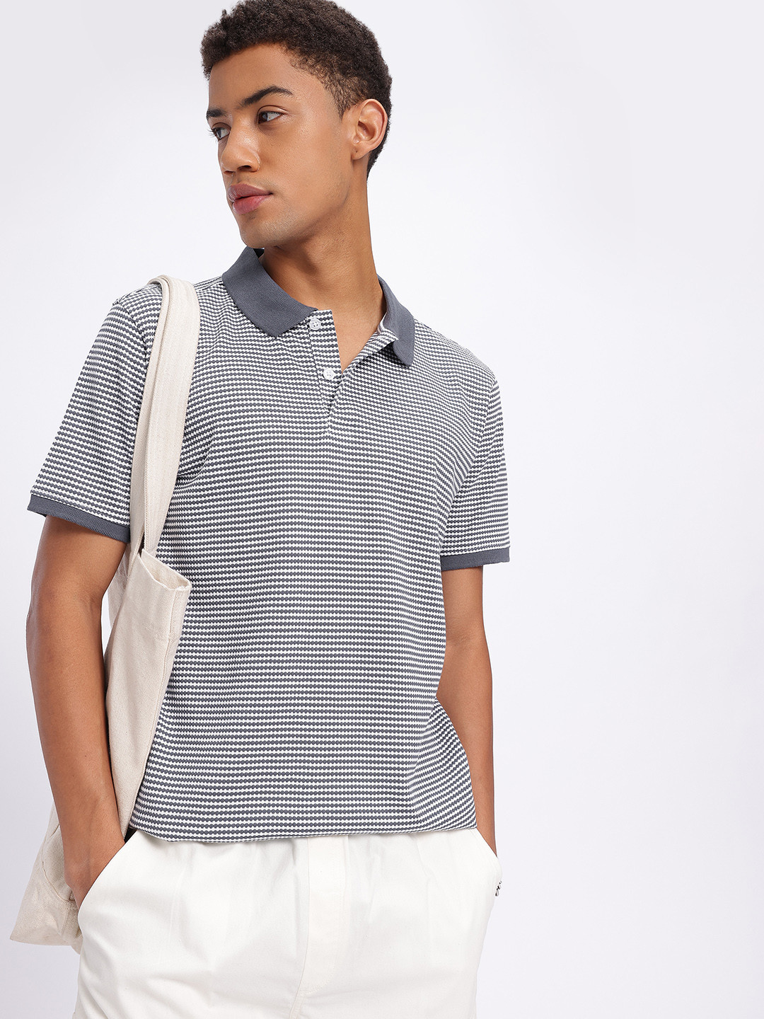 glitchez Stripes Self-Design Polo Collar T-shirt
