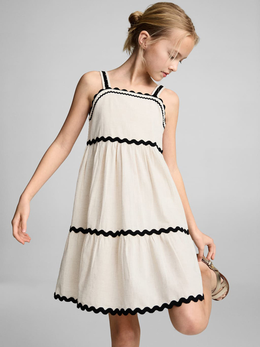 Mango Kids Girls Lace-Up & Smocked Detail Tiered A-Line Dress