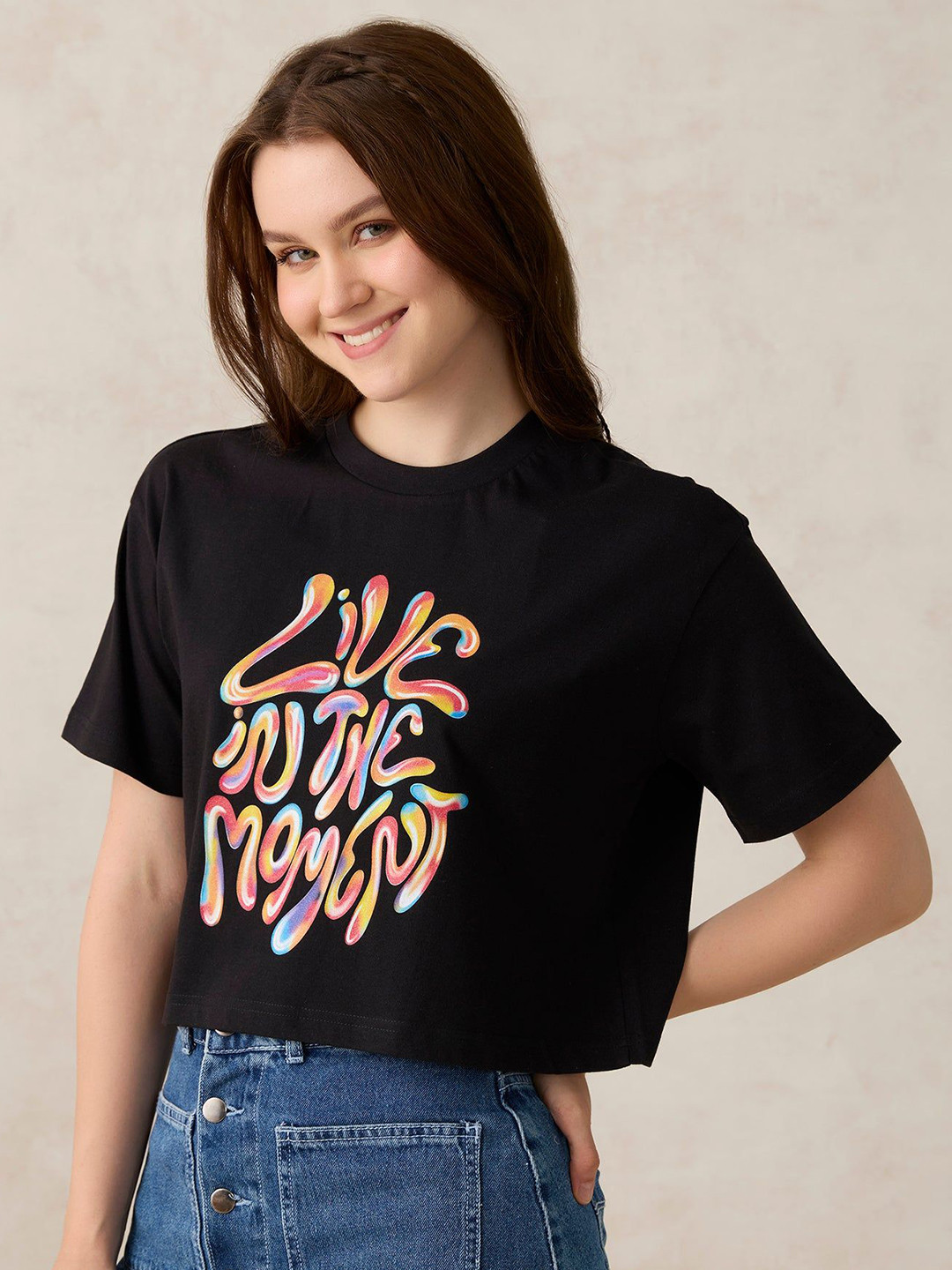 Outzidr Black Cropped Graphic T-Shirt