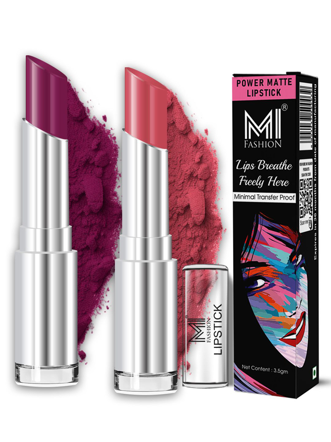MI FASHION 2Pc Matte Finish Smudge Resistant Lipstick -Palatinate Purple 12 & Deep Rose 23