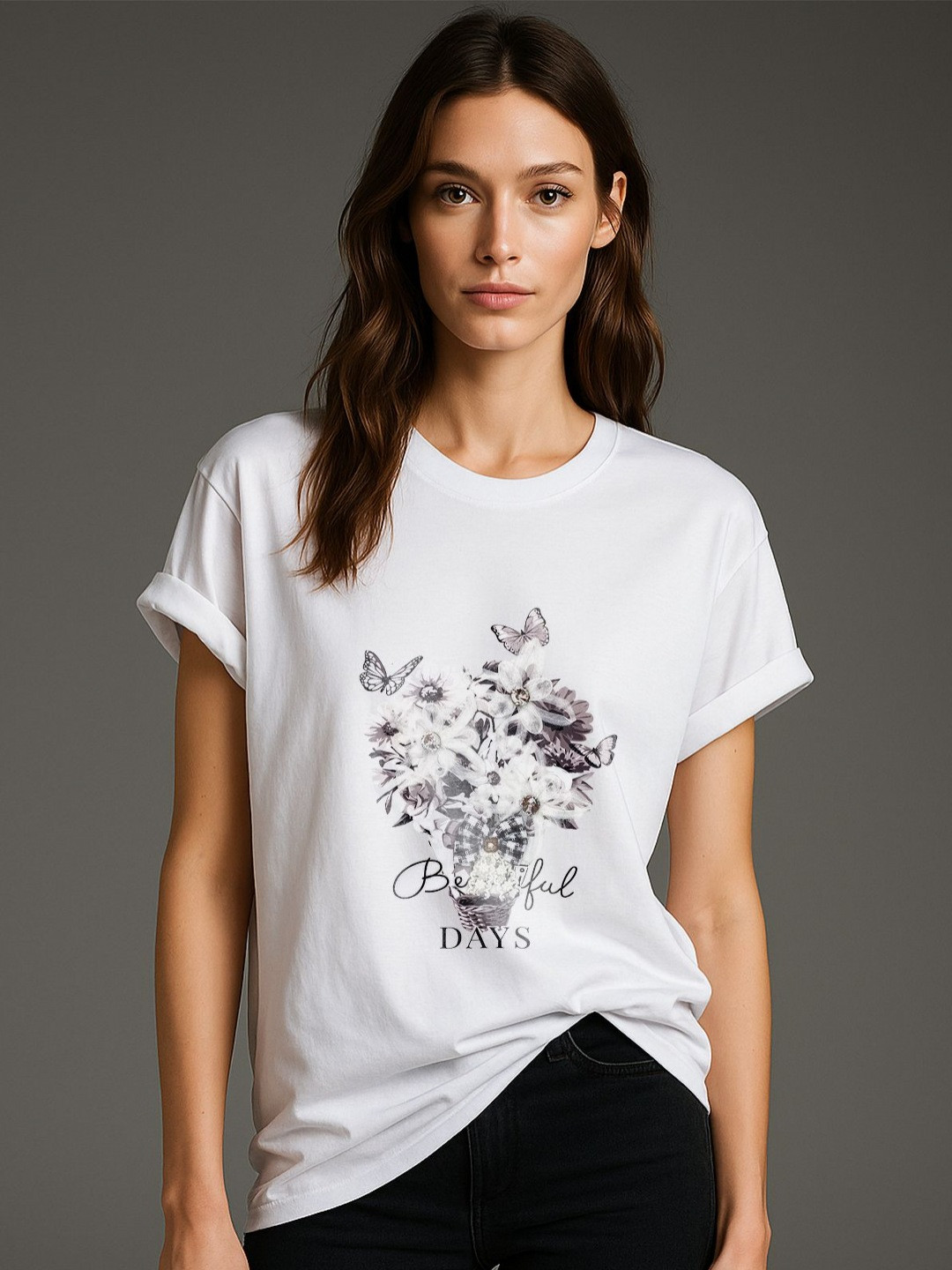 GRACE & JACK Women White Cotton Beautiful Days 3D Floral & Butterfly T-shirt