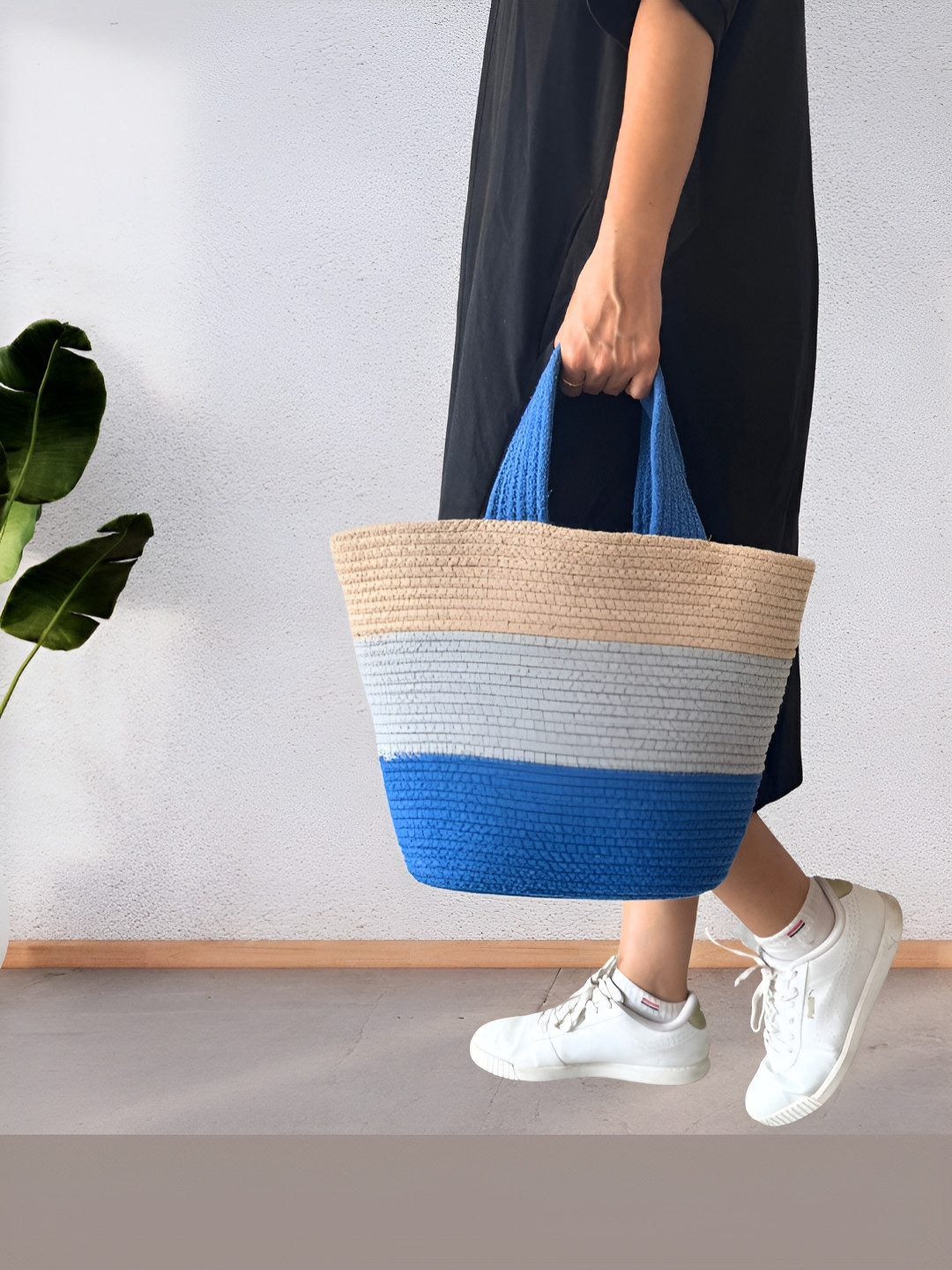 JASMEY HOMES Unisex Colourblocked Cotton Rope Tote Bag