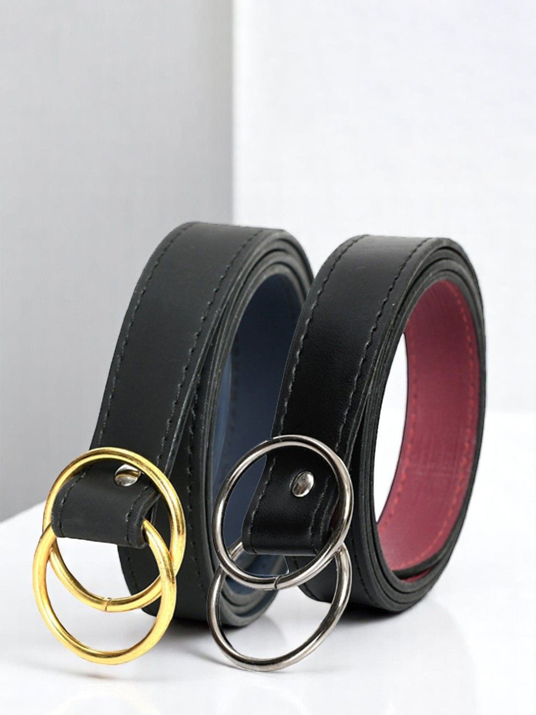 DressBerry Women Pack of 2 Formal Black Solid D-Ring Closure Belt