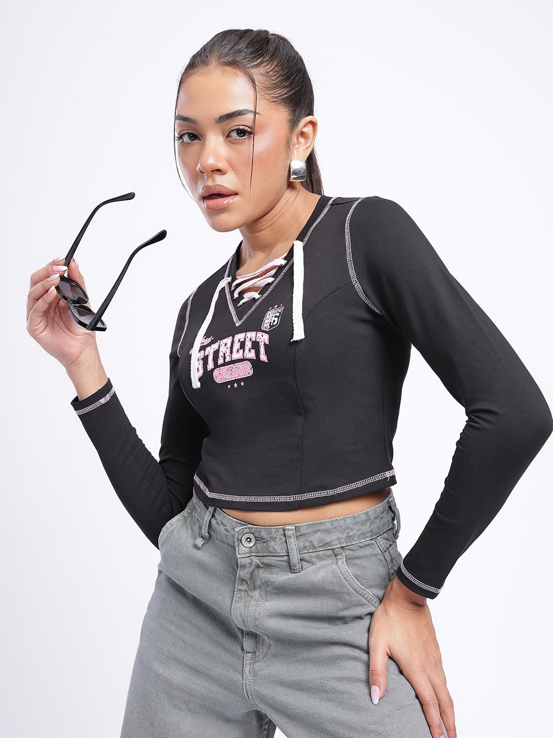 glitchez Texture Contrast Stitch Lace-Up Printed Crop Top