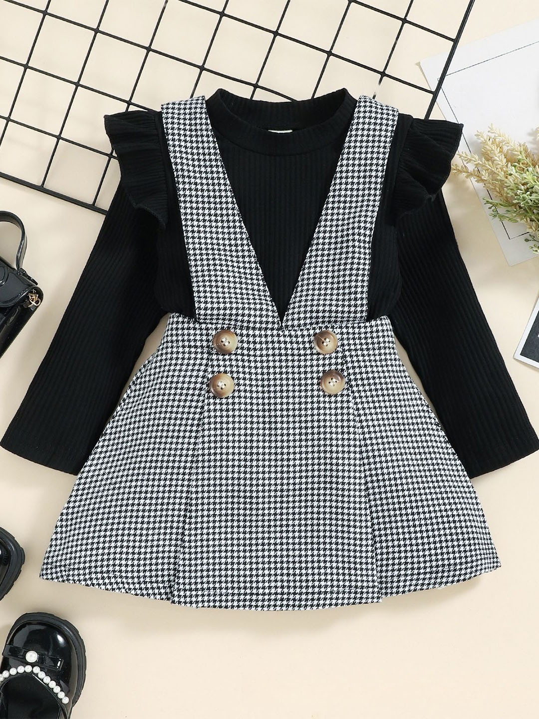 TOGEPI Girls Striped Top with Houndstooth Suspender Skirt