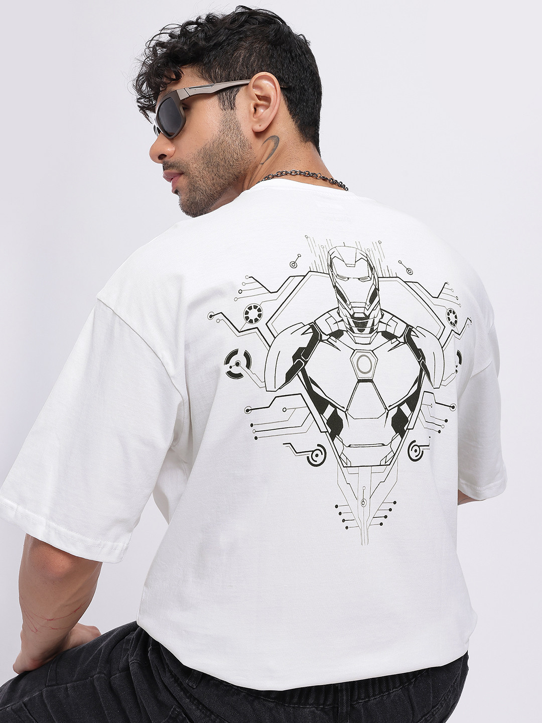 Marvel by Glitchez Iron Man Print Oversize Drop-Shoulder Monochrome T-shirt