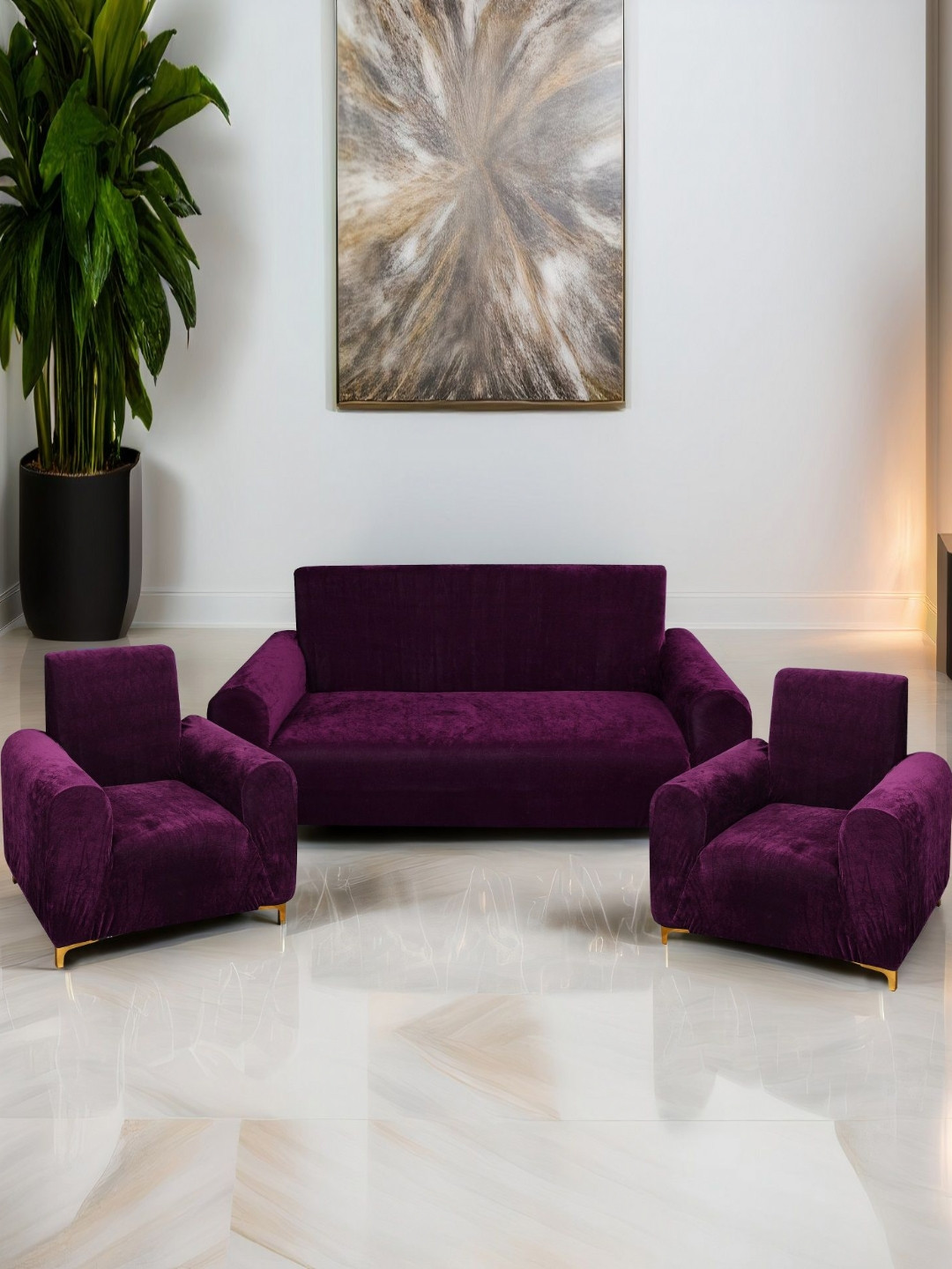 DECOR VATIKA Purple 3 Pieces Velvet Sofa Covers With Arms