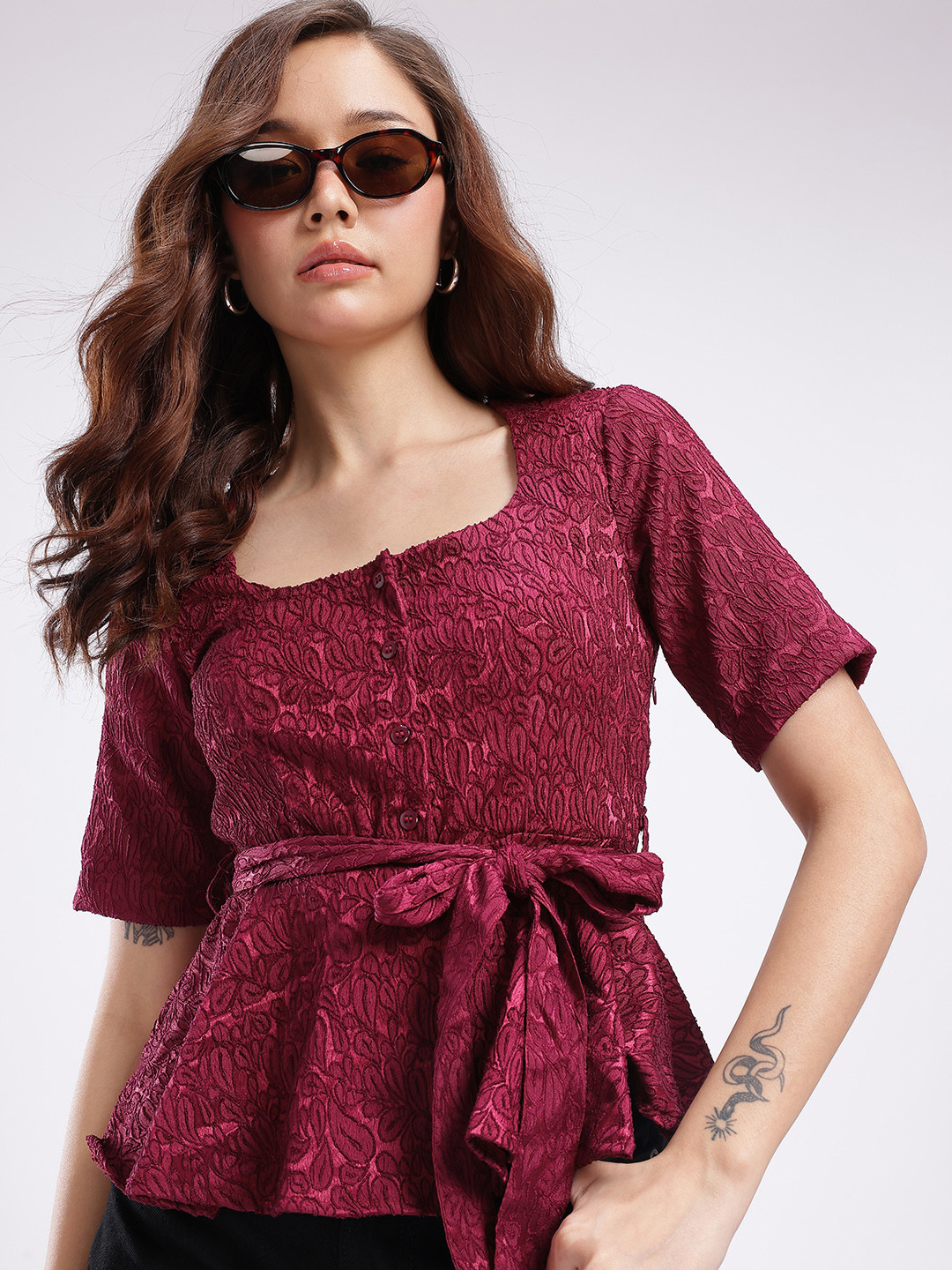 Maroon Jacquard Peplum Top with Square Neck
