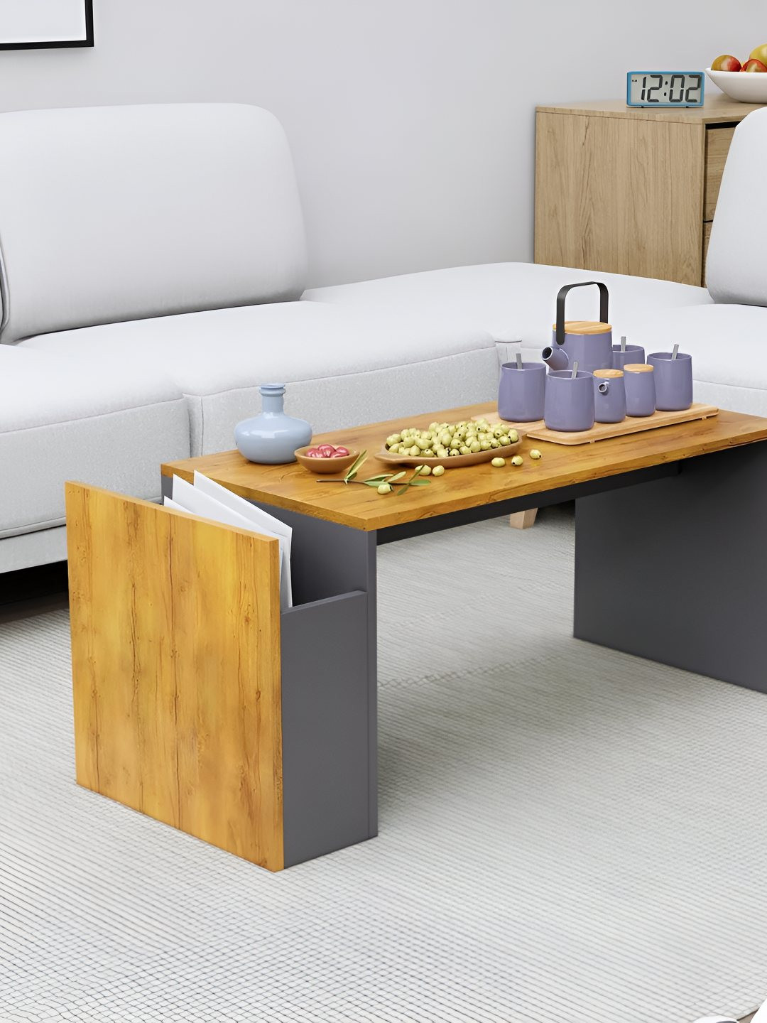 HEXA RED Brown & Grey Textured Wooden Rectangle Coffee Table