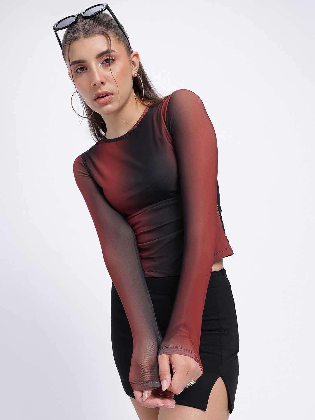 glitchez Ruched Effect Mesh Crop Fitted Top