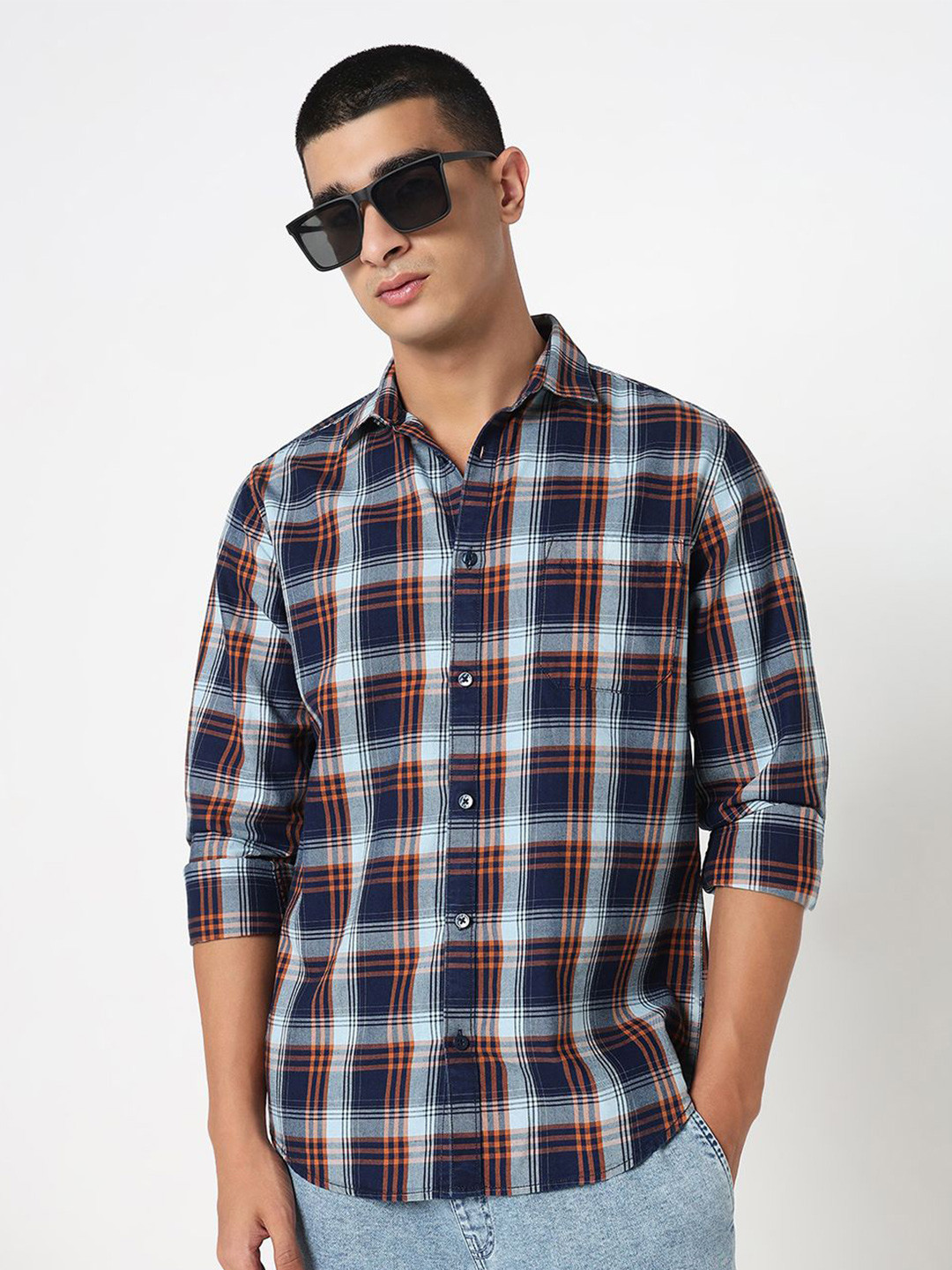 R&B Tartan Checks Cutaway Collar Cotton Shirt