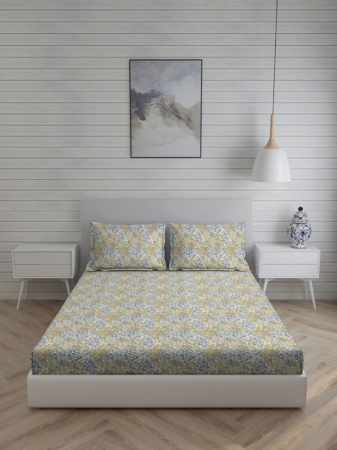 Living scapes by Pantaloons Yellow & White 220TC Cotton Queen Bedsheet Set 2.74 m x 2.24 m